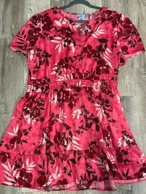 Draper James XXL Pink Tropical Floral Tiered Dress Short Sleeve V-Neck Plus